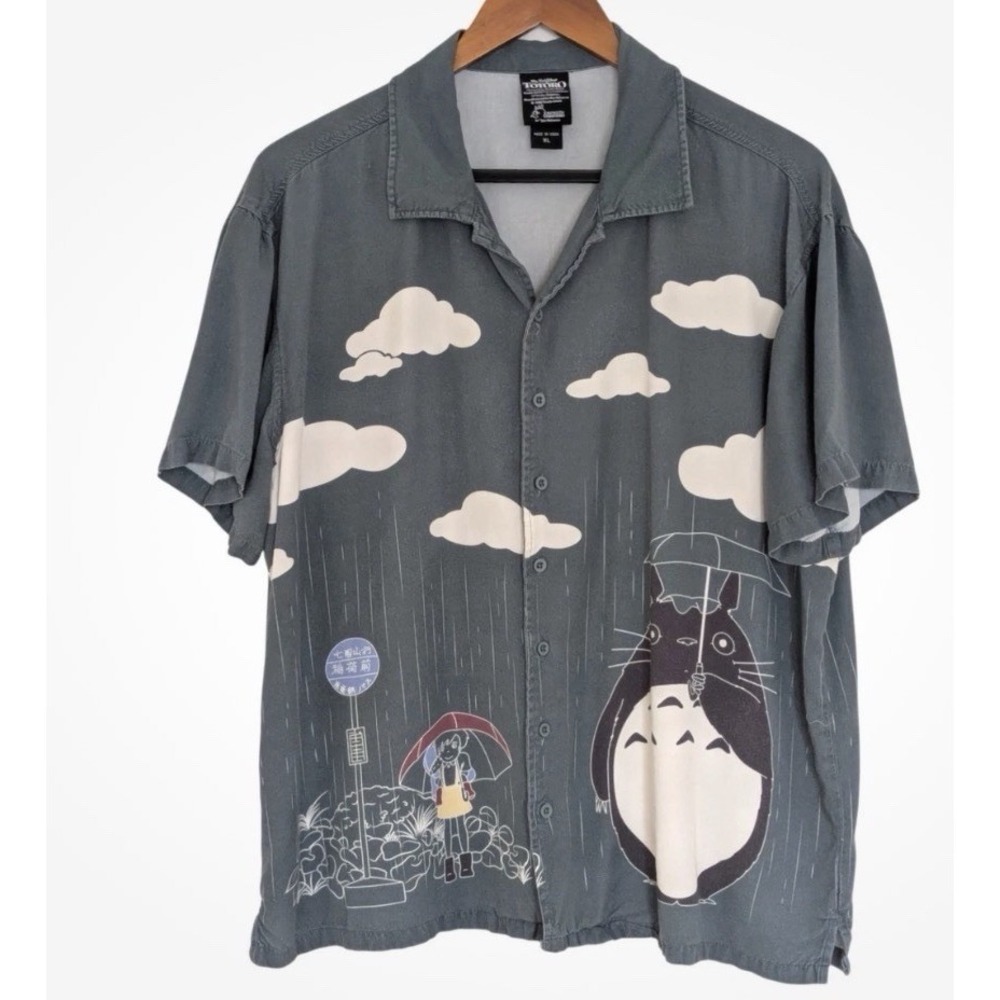 Studio Ghibli My Neighbor Totoro camp shirt XL gray rayon catbus bus stop New